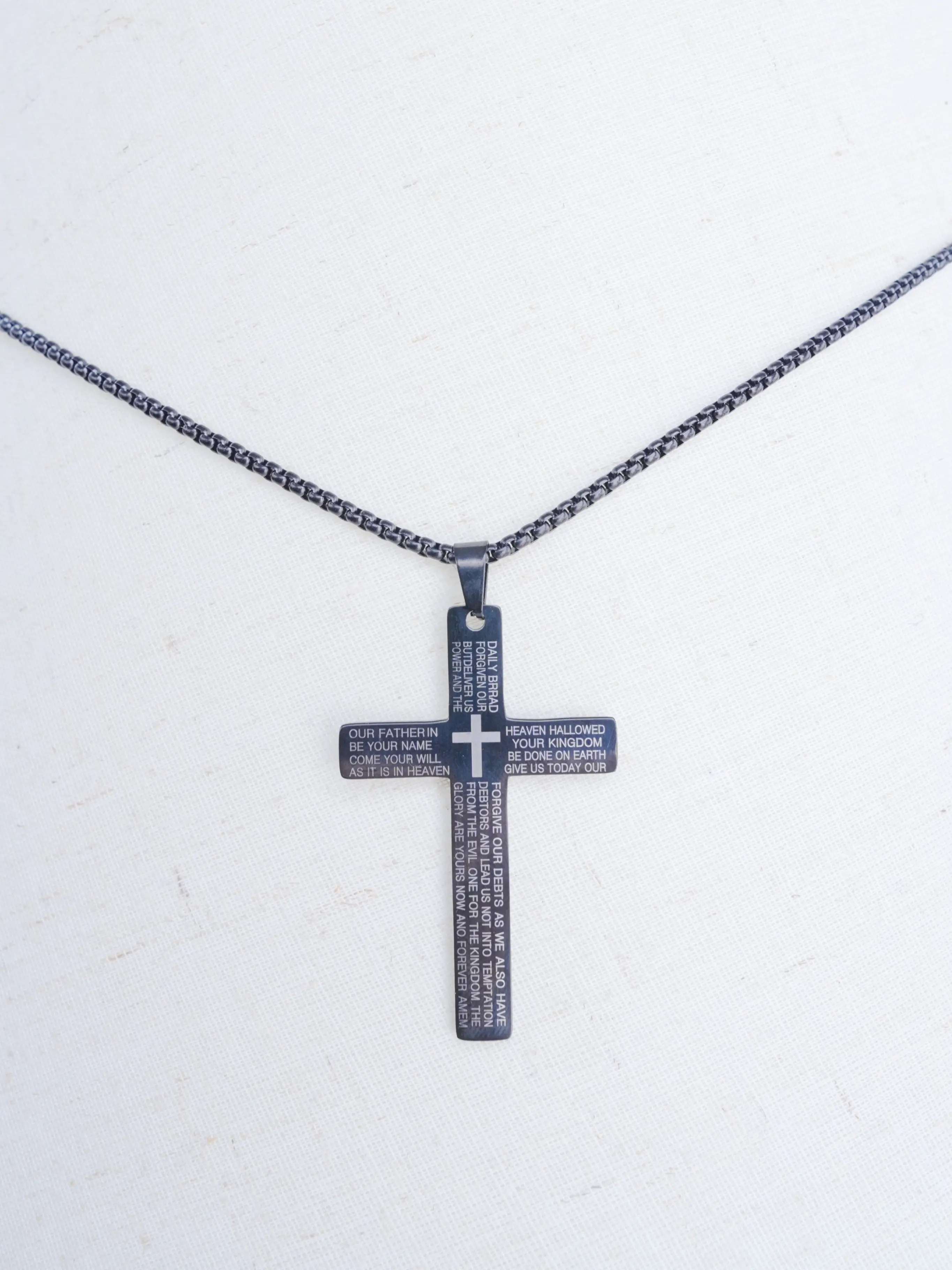 Engraved Bible Text Cross Pendant Necklace in Black Stainless Steel, Unisex Fashion Jewelry for Casual Wear & Parties, Fade-Resistant, Adults, Daily, Elegant Look, Natural Color Does Not Fade