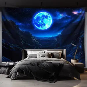 One large-sized dark night scene moon mountain peak aesthetic printed tapestry, polyester fiber printed tapestry, birthday gift, room decoration, party decoration, suitable for living room, bedroom, dormitory, with free hanger