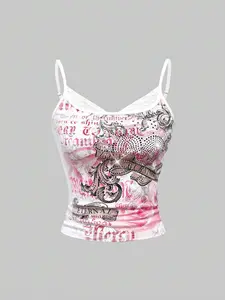 Glamine Grunge Punk Summer Concert Festival Y2K Chic Retro Romantic Rose Floral & Vine Heart Rhinestone Embellished Crop Top For Women