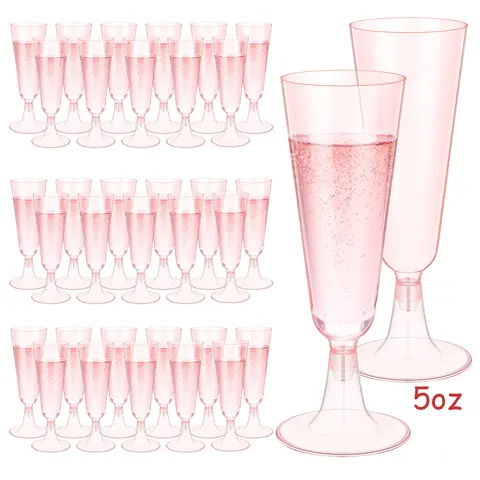 100Pcs 5oz Clear Pink Plastic Champagne Flutes, Disposable Clear Plastic Champagne Wine Cups Assemble Champagne Cups for Party Wedding Cocktail Cups