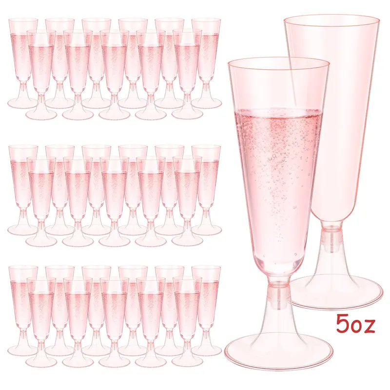 100Pcs 5oz Clear Pink Plastic Champagne Flutes, Disposable Clear Plastic Champagne Wine Cups Assemble Champagne Cups for Party Wedding Cocktail Cups