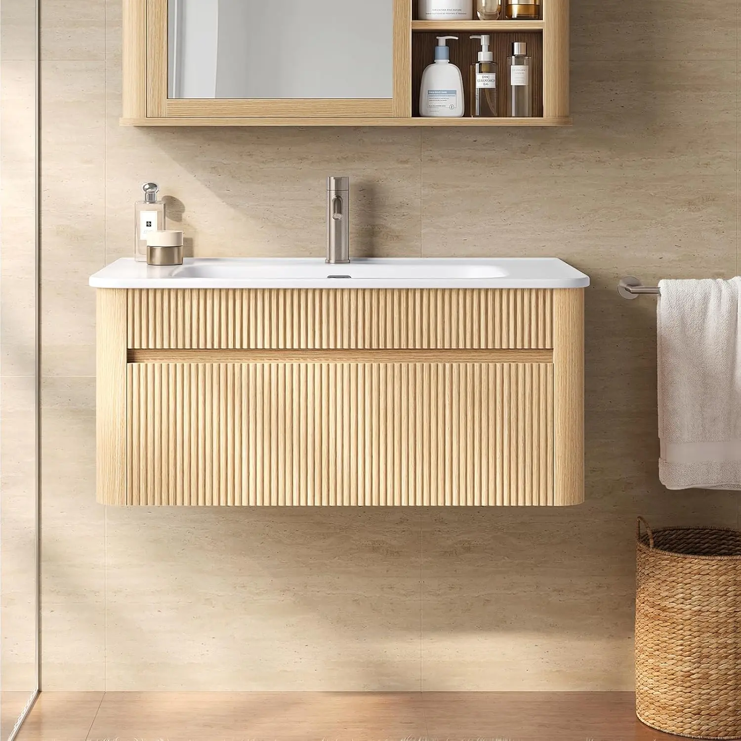 ModernMate 30-in Wall-Mounted Industrial Bathroom Vanity - Natural Oak Rectangle Design, Durable Waterproof Solid Wood Build, Arc-Shaped Integrated Ceramic Sink, Fully Pre-Assembled, Soft-Close Slides, U-Shaped Large Storage Space, No Assembly Hassle