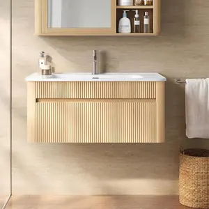 ModernMate 30" Wall-Mounted Bathroom Vanity, Waterproof Solid Wood, Arc-Shaped Integrated Ceramic Sink, Pre-Assembled, Soft-Close Slides, U-Shaped Large Storage, Natural Oak