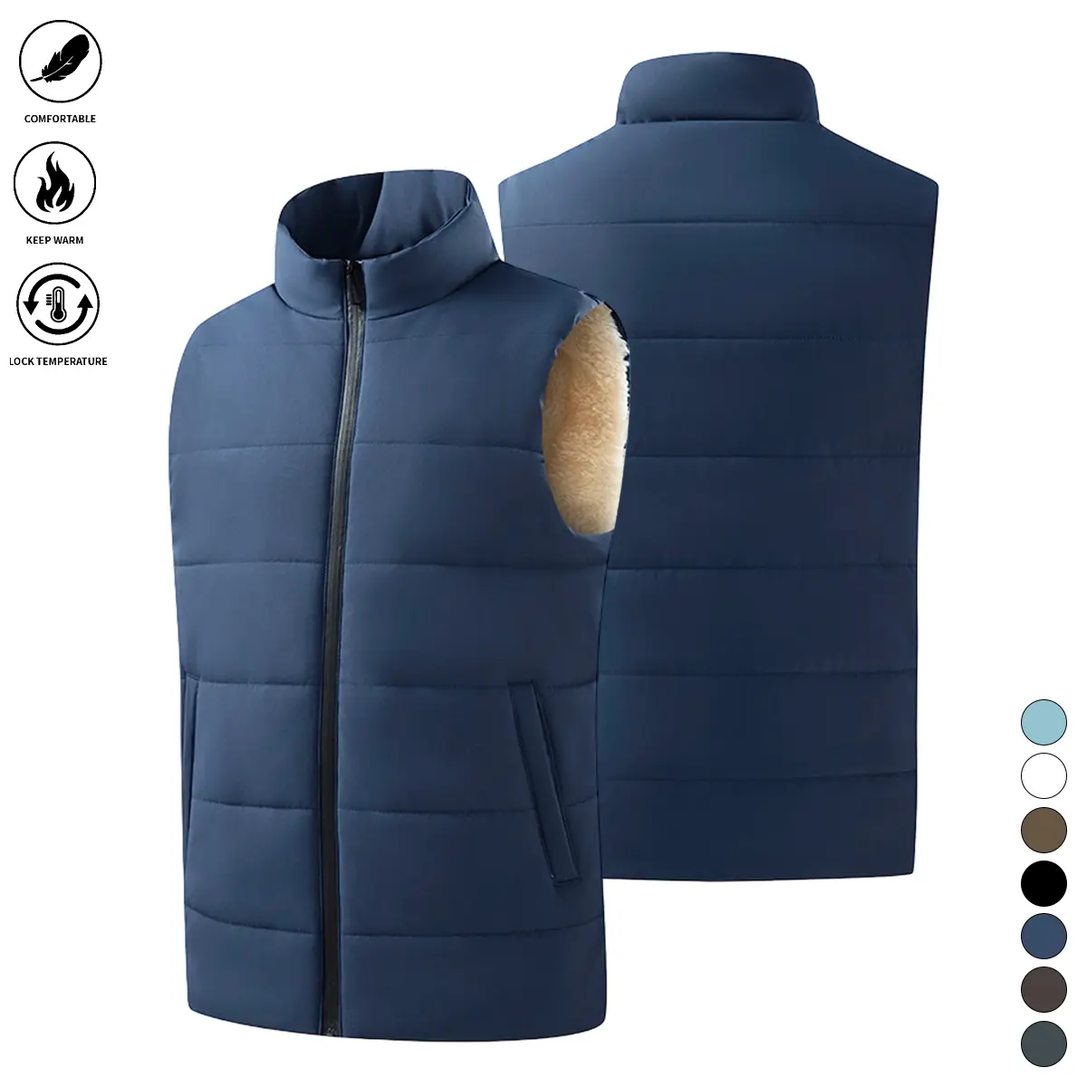 Men’s solid-color warm vest for spring/autumn, stand collar with zipper design, fleece lining, windproof and insulated, suitable for everyday wear and outdoor activities; menswear, men’s vests, autumn/winter apparel.