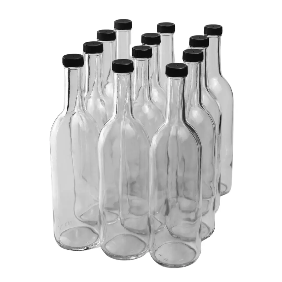 750 ml Clear Bordeaux Wine Bottles (Pack of 12) Screw top finish with 12 Black PLASTIC caps | W5 Flint Flat-Bottomed Glass Bottles Ideal for Wine Making and Storage