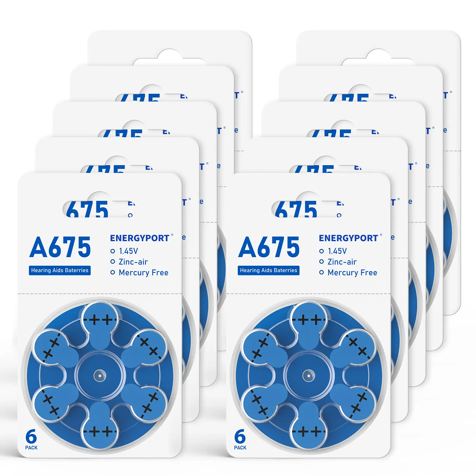 ENERGYPORT Extra Advanced Hearing Aid Batteries (Size 675, 1.45V Zinc Air, Mercury-Free, Blue Tab, A675 PR44) - 60-Pack Long-Life Accessories for Hearing Aid Users, Protection-Focused