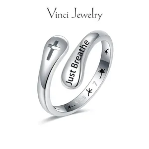925 Just Breathe Open Ring Sterling Silver Anxiety Fidget Ring, Hypoallergenic Cross Adjustable Ring, Perfect for Daily Wear and Suit, Simple Unisex Gifting Friend with Gift Box