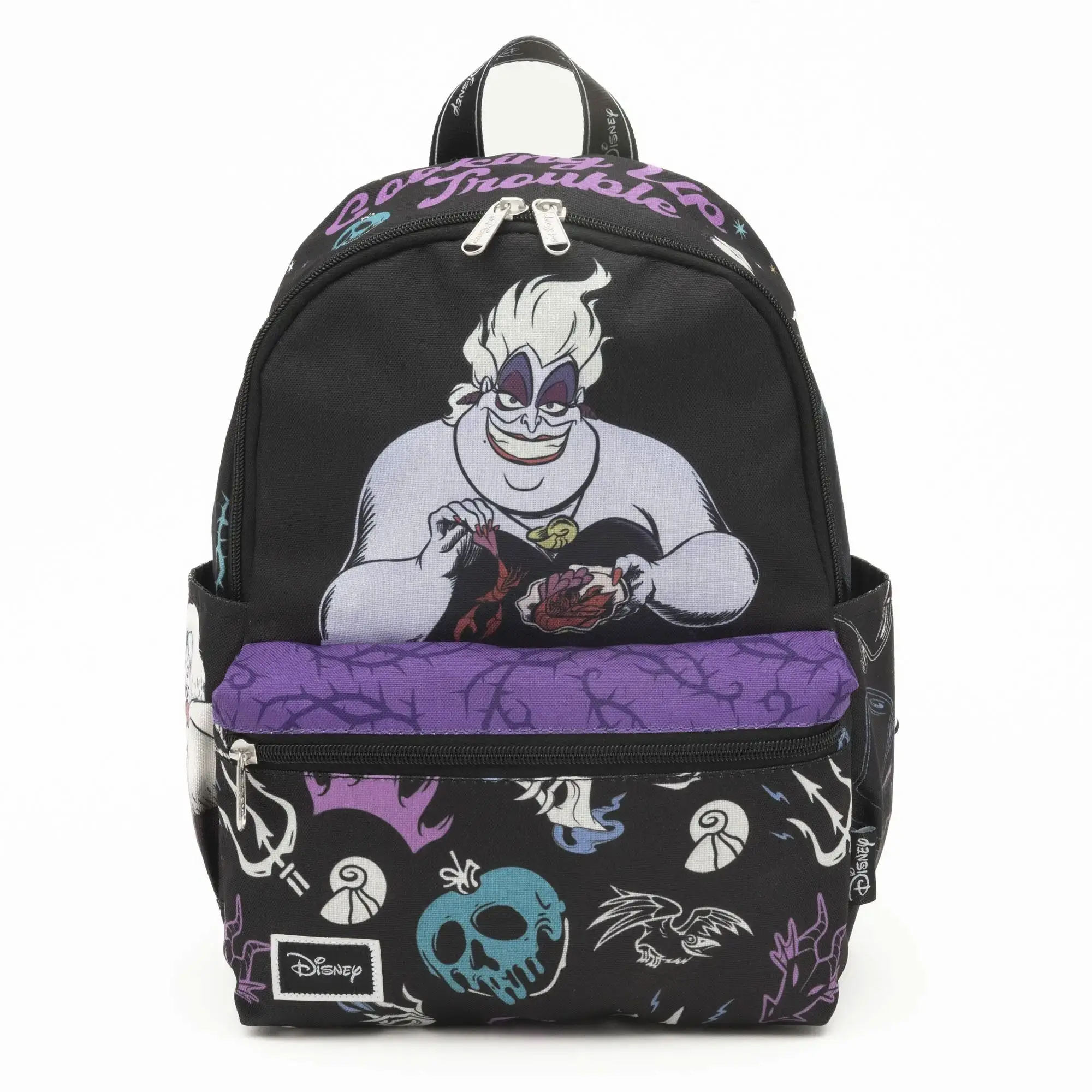WondaPop Disney Villains Ursula Graphic Print Adult Casual Daypack - 13in H x 9.5in W x 4.5in D Lightweight Nylon Basic Mini Backpack Women, Adjustable Strap, Zippers, Side Pocket, Everyday Carry Evil Queen Themed Collectible Bag, Backpack Purse