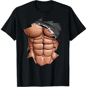 Anime mens body builder six pack muscle funny fake abs Casual Short Sleeve Cotton T-Shirt