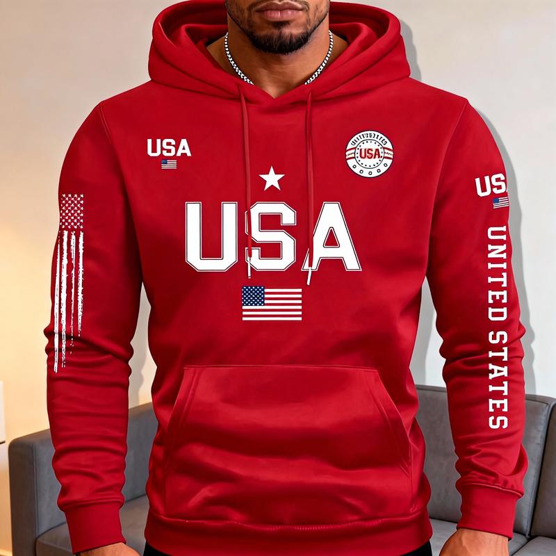USA Letter Print Hoodie Men's Casual Sports Pullover Hooded Sweatshirt with National Flag Design