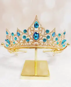 Ocean Blue Crystal Crown Princess Tiara Vintage Crown with Gold Base and Sparkling Gems for Special Occasions