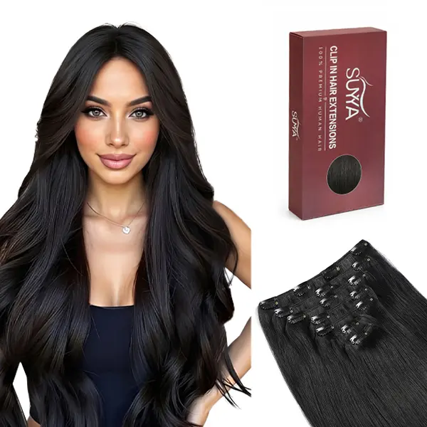 SUYYA Clip in Real Hair Extensions - 7-Piece 12-22in Extensions Hair, Multiple Colors, Easy Care Tips, Free Bundle Gift, Clip In Hair Extensions