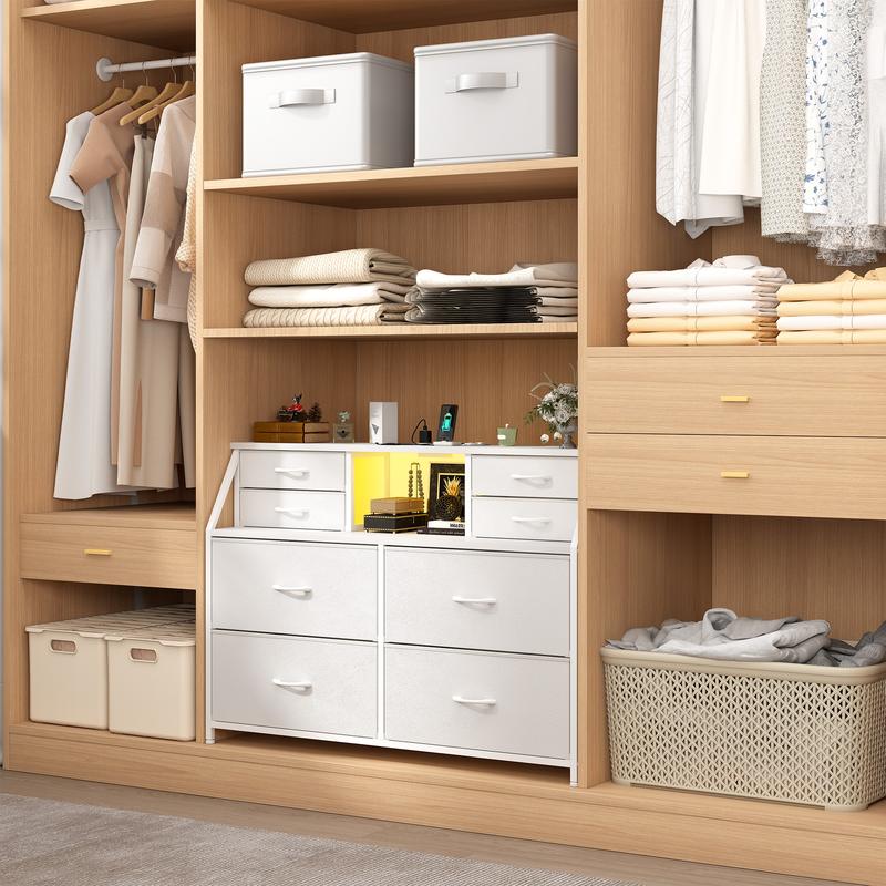 【Vanity sideboard】Raybee 8 Drawers Mini Dresser for Bedroom,Dorm & Attic's Dresser with Built-In Charging Station and LED, Sturdy Chest of Drawers with Two Open Shelves for Storage,Hides all your clutter to keep you organized & your vibe on point