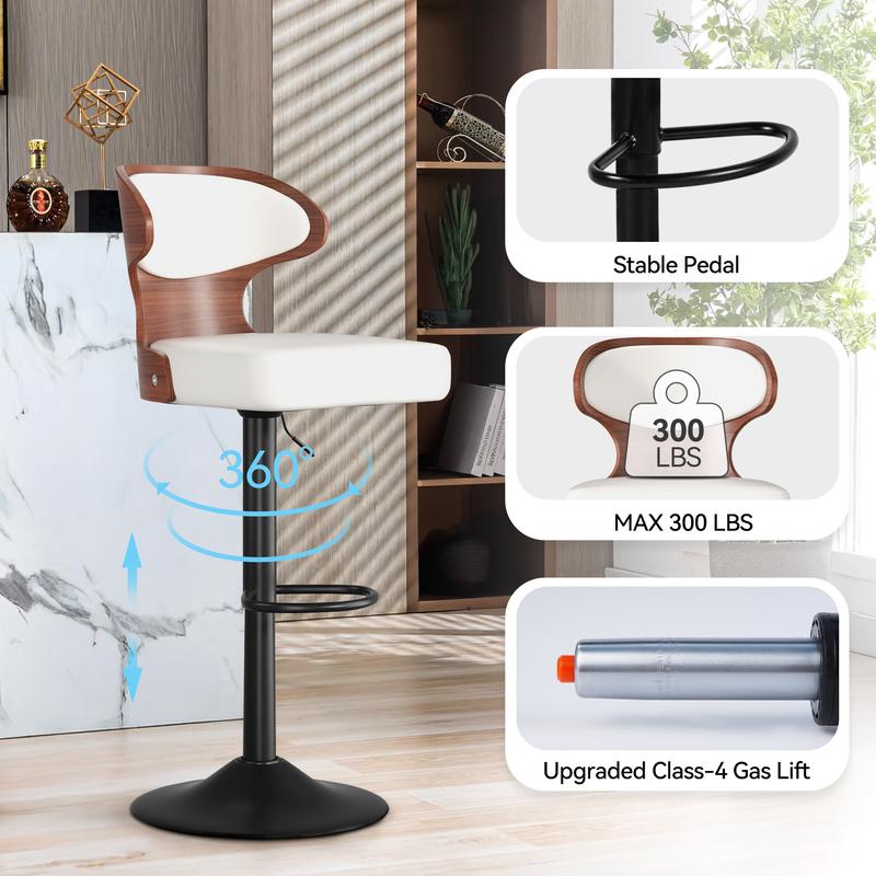 Bar Stools Set of 2 Seat Adjustable Height 24.5-33.5IN - Bentwood Swivel Barstools with Back & Footrest - PU Leather Upholstered Bar Chair for Bar, Kitchen, Dining Room