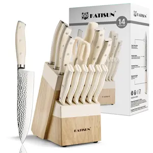 Kitchen Knife Set,14-Piece Knife Set With Block Wooden, Self Sharpening For Chef Knife Set, High Carbon German Stainless Steel Hammered Collection Knife Block Set, Dishwasher Safe Cutlery, Cream
