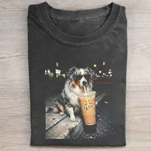 Funny Australian Shepherd Drinking Iced Coffee Comfort Colors T-shirt, Vintage 90s Edgy Dog Meme Tee, Unisex Fit Design, Casual Streetwear, Gift for Dog Lovers