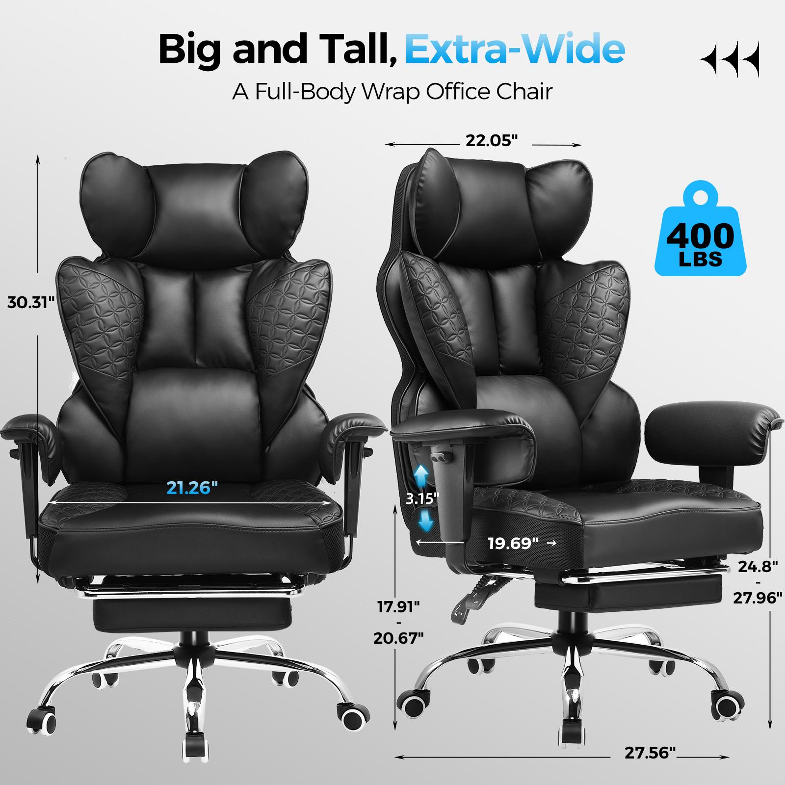 【2026 Promotion】COMHOMA Big and Tall Office Chair 400LBS Wide Ergonomic Gaming Chair with Deluxe Embossing Leather with Foot Rest 150°Reclining Adjustable Armrests Pocket Spring Back Support and Without Pillow