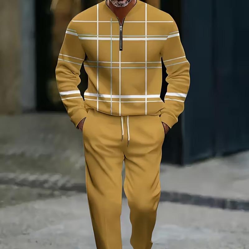 Men's 2-piece lightweight business casual sportswear |   Light blue checkered top with half zipper |   Contrasting white and yellow checkered patterns+matching pants |   Suitable for urban commuting, office leisure, and polished comfort Summer Tracksuits