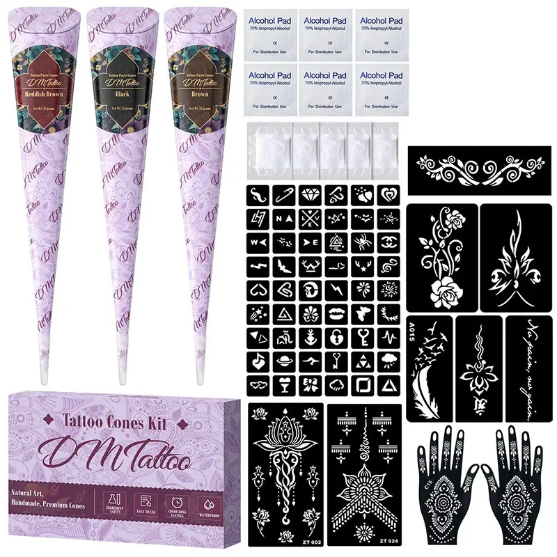 Plant-Based Temporary Hand-Applied Henna Tattoo Kit, Fake Tattoos, Diy Tattoos, Waterproof Long-Lasting Body Art Set with Henna Stencils and Henna Cones for Skin