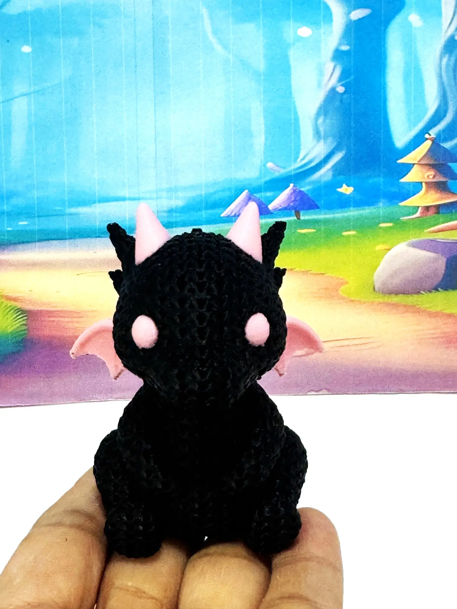 3D Printed Knitted Dragon Figurine, 2.75 Inches Black Knitted Baby Dragon, Cute Gamer Shelf Decor, Desk Buddy