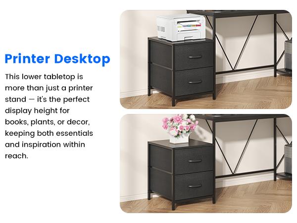 Kepptory L Shaped Gaming Desk, Home Office Computer Desk with Raised Display Stand, 2 Drawers and Glass Cabinets with LED Lights, Corner Desk with Storage Shelves, Power Outlet, Black