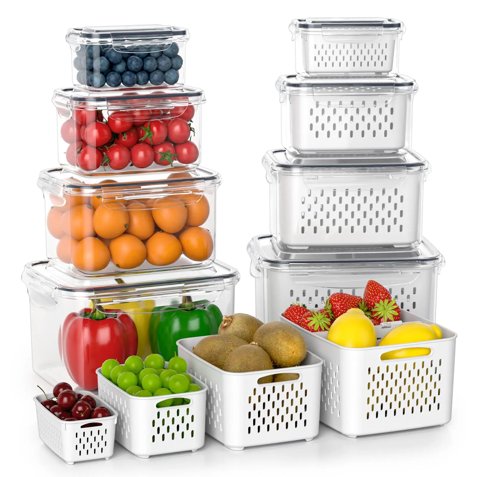 4 Pack Fruit Storage Containers for Fridge with Removable Colanders - Food Storage Containers with Lids, BPA-Free Produce Containers Keep Fruits, Vegetables, Berry, Meat Fresh Longer