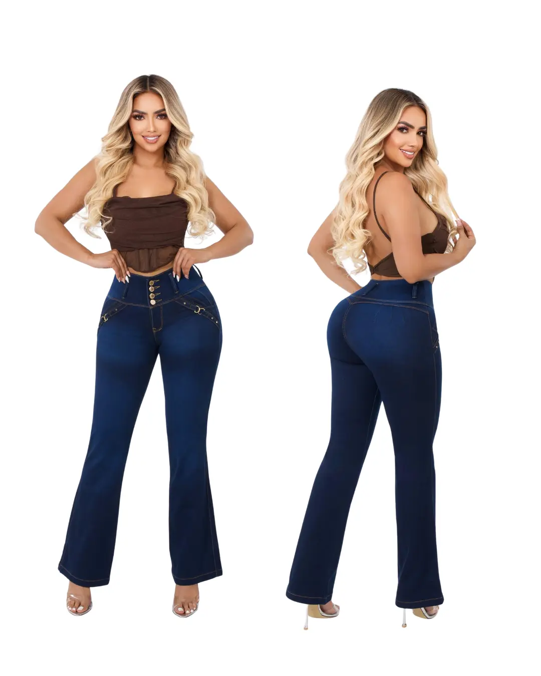 LIANA JEANSWEAR Women's Colombian BBL Lift Fashion Denim Jeans - Button Front, Elegant Curvy Fit Wide Leg, Casual Stylish Basic Trouser Pants