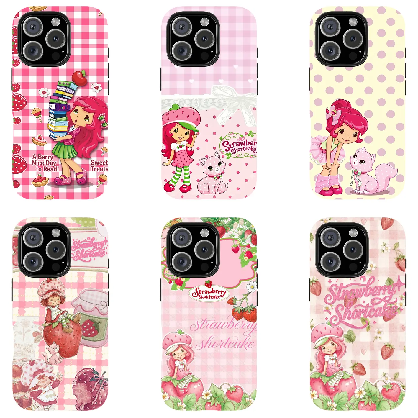 Strawberry Shortcake Cartoon Phone Case for iPhone Series - Vintage Pink Grid, Polka Dot Protective Cover with Camera Cutouts, Ideal for Cartoon Fans