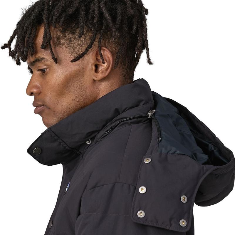 Patagonia Downdrift Jacket Men's - Black Hooded Puffer Coat with Adjustable Drawstring for Ultimate Warmth and Style NetPlus Recycled Nylon DWR Finish