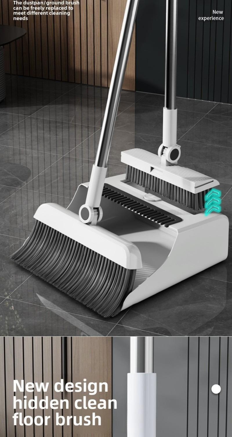 3-in-1 High-Efficiency Ergonomic Long Handle Floor Cleaning Kit Durable Broom Dustpan & Brush Set for Home Office School Dorms with Extended Scraper Non-Stick Hair Foldable Storage