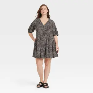 Women's Bell Elbow Sleeve Mini A-Line Dress - Universal Thread Black Floral XXL