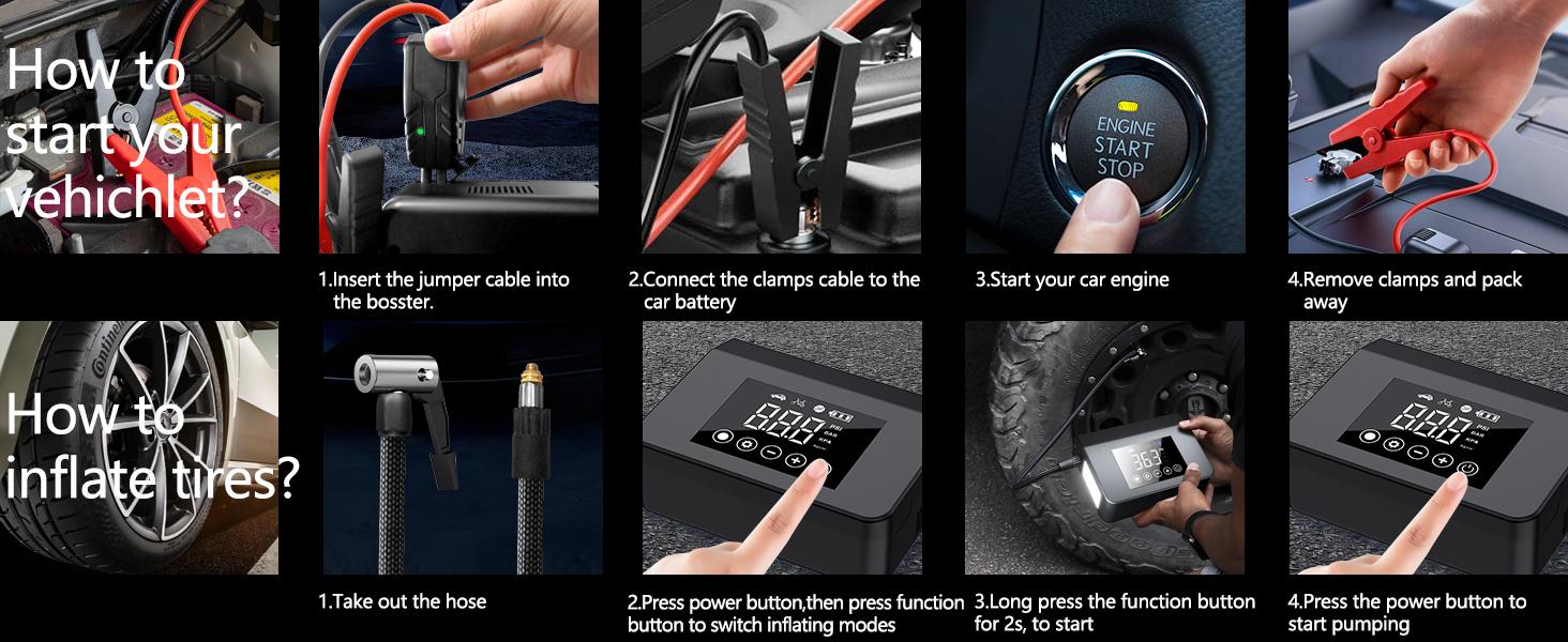 【HiEHA】 TiktokShopSpringGlowUp & RefreshedLook：2026 Tire Portable Air Compressor & Car Jump Starter& Portable Power Bank Charger, 3 in 1, 8000mAh 0-150 PSI for Car, Motorcycle, Bike, Balls, Motorboat, Tablet PC, Phones and LED/SOS Light