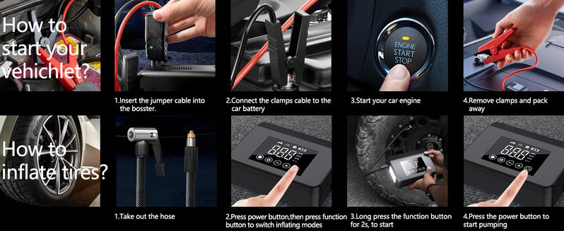 【Hieha】 New Year Gift: 2026 Tire Portable Air Compressor & Car Jump Starter& Portable Power Bank Charger, 3 in 1, 8000mAh 0-150 PSI for Car, Motorcycle, Bike, Balls, Motorboat, Tablet PC, Phones and LED/SOS Light