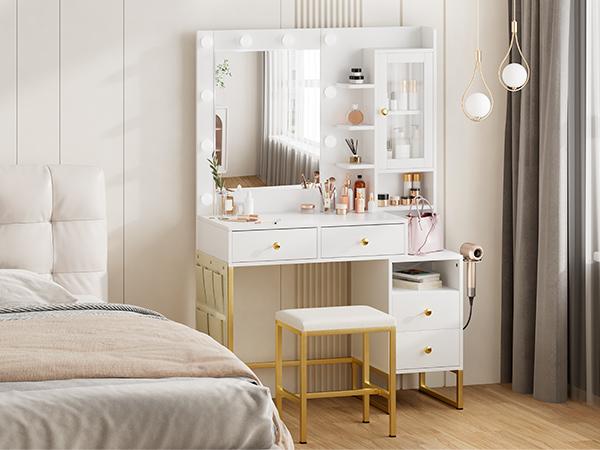 Makeup Vanity Mirror with Light, Large Women Vanity Desk with Touch Screen Mirror Lights & Power Outlet, 4 Cabinet, 2 Shelves & 5 Drawers for Bedroom,[Gift Idea]