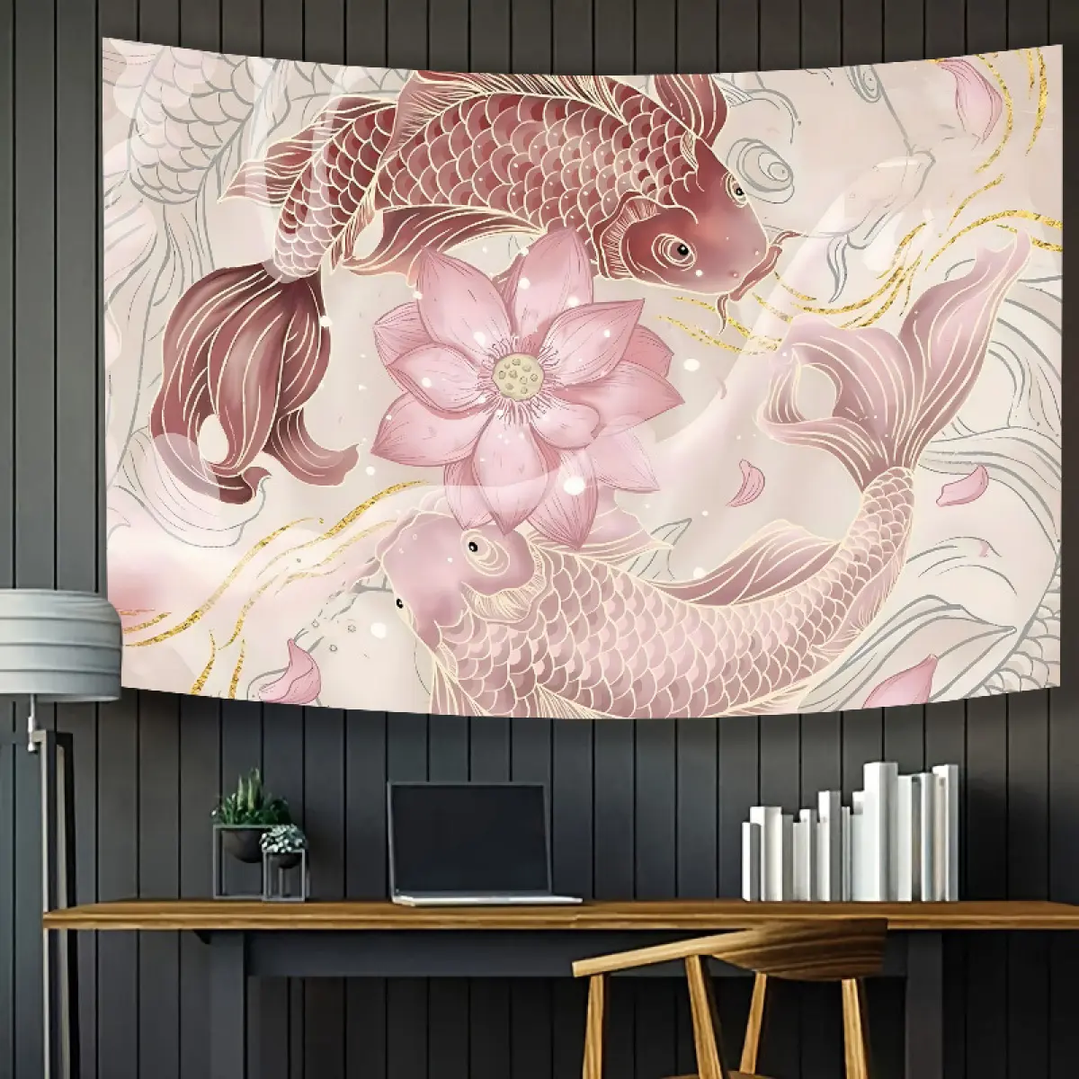 Japanese-style koi fish tapestry and lotus wall decoration, in pink color, suitable for living room, dormitory or home decoration, as a friendly gift.