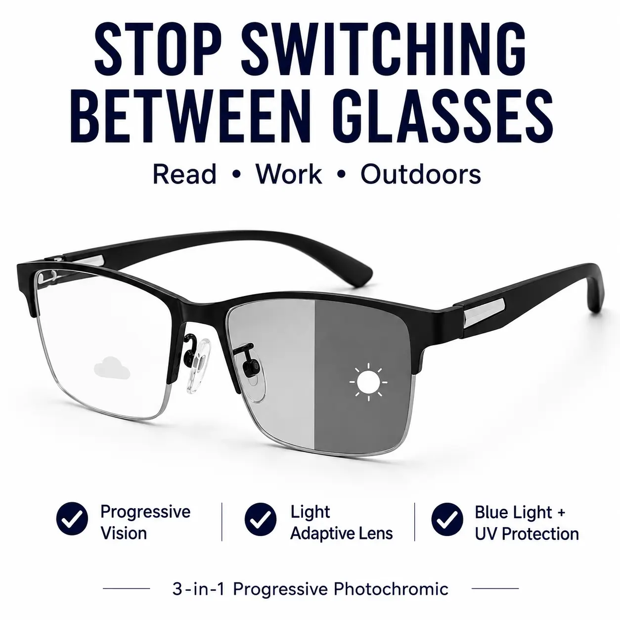 Photochromic Progressive Reading Glasses for Men Women, Multifocal Blue Light Blocking Readers, Light Adaptive HD Clear Eyewear for Reading Computer Outdoor