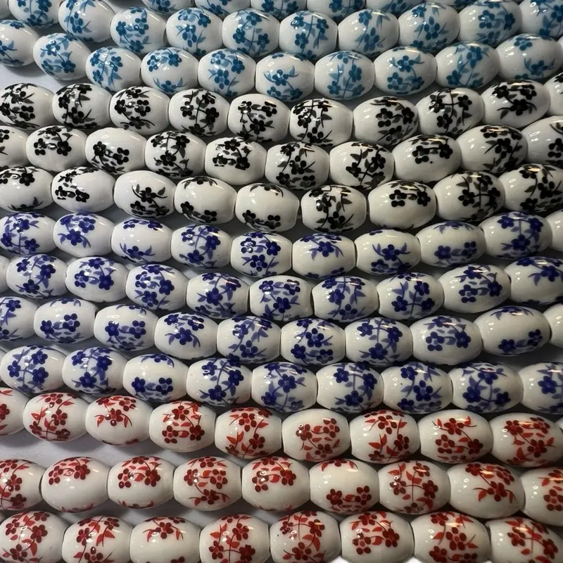8x10mm Chinese Porcelain Floral Oval Beads | 32pcs | DIY Jewelry Making