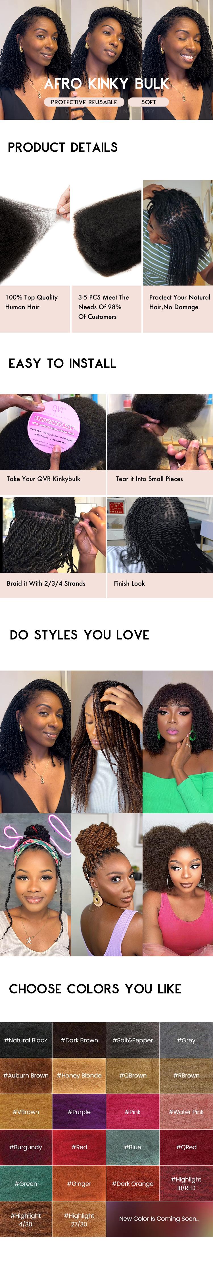 QVR Honey Blonde Color Afro kinky Bulk Hair Extensions For Braiding Dreadlock Human Hair