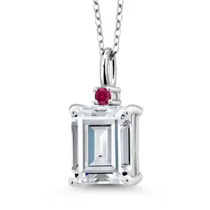 Gem Stone King 925 Sterling Silver Gemstone Birthstone and Pendant Necklace for Women | Emerald Cut 10X8MM and Round 2MM | With 18 Inch Chain | Fine Jewelry for Her Mom Wife