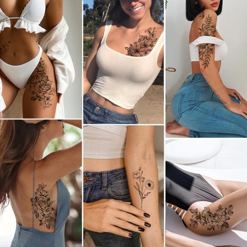 23 Sheets Flower Temporary Tattoos For Women - Waterproof Realistic Rose Orchid Tattoos Tiny Branch Sketch Fake Tattoos for Women Body Art Arm Neck Hands