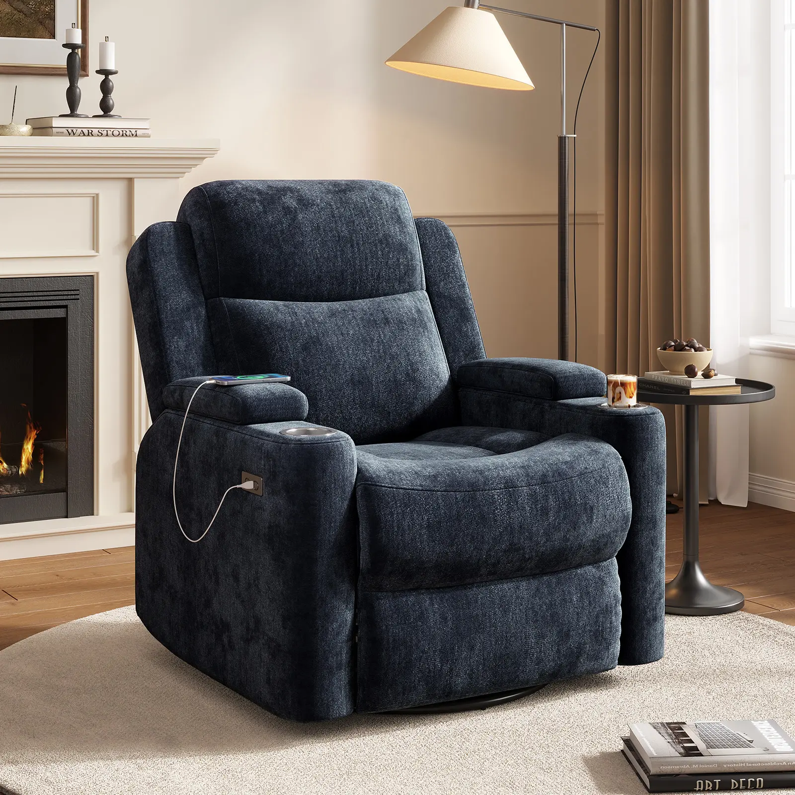 COPIAE 38" Adjustable Electric Power Recliner Chair - Beige Textured Fabric Indoor Furniture, Adjustable Lounge Chair with Side Pocket Storage, Cup Holders Ready, Quick Setup for Living Room, Bedroom, Swivel Chairs