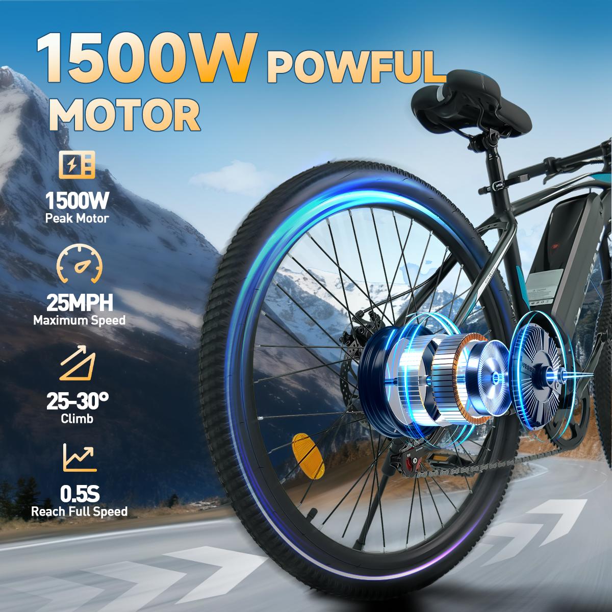 APYEAR 1500W Powerful Motor 26" Electric Mountain Bike for Adults 25MPH Speed 30-Mile Range 7-Speed Gears ebike for Commuting Adventure UL Certified Safety