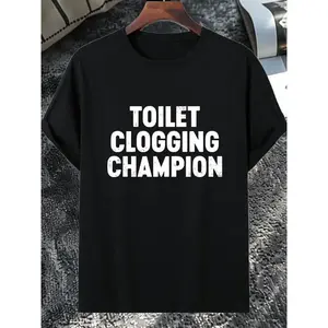 EEY Toilet Clogging Champion Men's Humorous Graphic Print T-Shirt,Casual Round Neck Tee, Breathable Summer Top for Adults, Loose Fit Funny Casual Attire, Summer Tshirt, Regular Fit Tee
