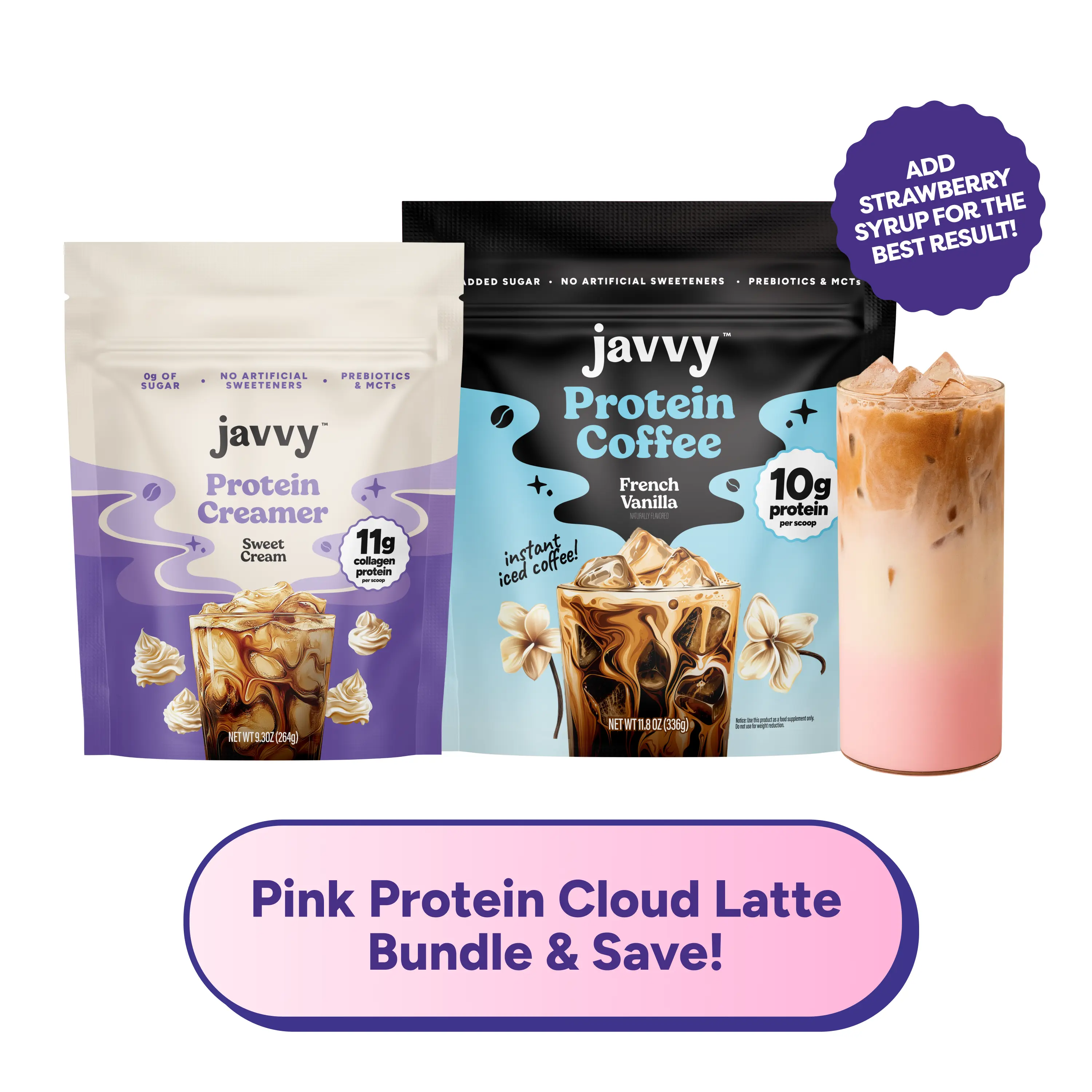 Javvy Pink Protein Cloud Drink TikTok Exclusive Bundle French Vanilla Protein Coffee and Sweet Cream Collagen Creamer Premium Whey Protein Instant Mix, 100% Natural, No Artificial Flavors & Sweeteners, No Added Sugar, 80 mg Caffeine Per Serving