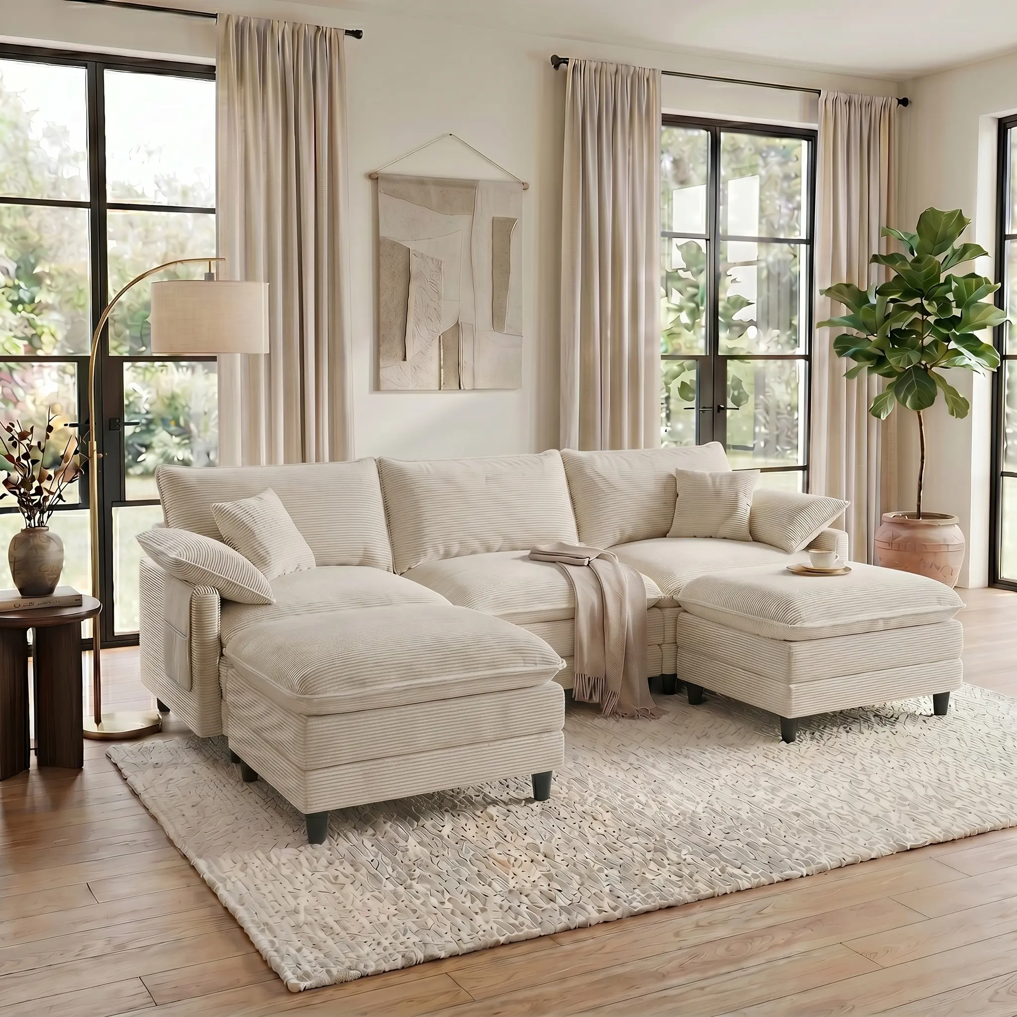 [2-3 Packages Shipping] SUNG7 108" -143.7” L/U-Shaped Modular Cloud Sofa, Movable Dual-Function Ottomans Convertible to Coffee Table, Corduroy Sectional Couch with Three-Layer High-Resilience Foam Cushions, Easy Assembly for Apartment
