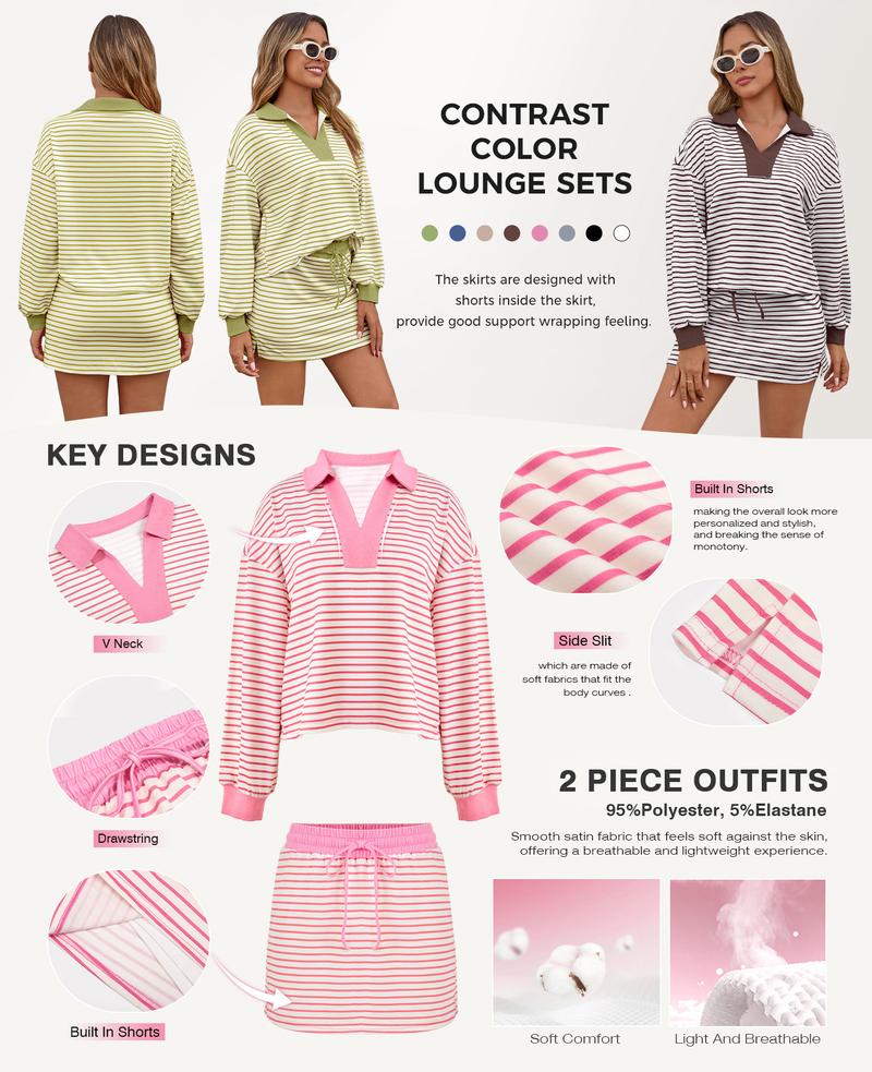 Fisoew Womens Striped 2 Piece Outfits Casual Sweatshirt Skirt Set Long Sleeve Skort Workout Set Matching Lounge Sets