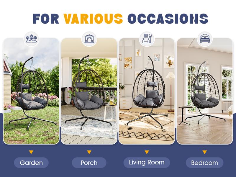 Patio Swing Egg Hanging Chair with Stand, Foldable Wicker Rattan Chair with Cushion, Pillow Holder for Indoor Outdoor Patio Garden Balcony
