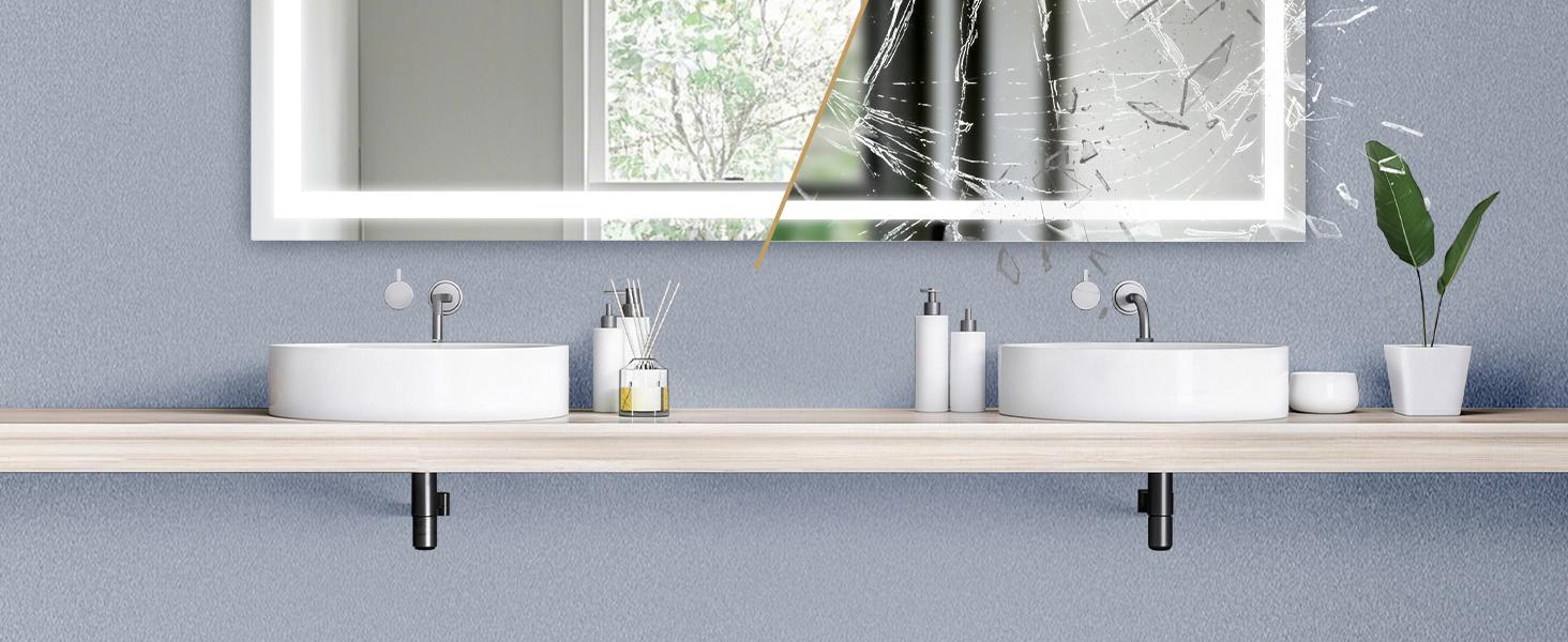 GLITGATE LED Bathroom Mirror, LED Wall Mirror, Polished Glass Finish, 3 Color Modes Dimmable, CRI90+, Anti-Fog, Memory Function, Wall Mounted (Horizontal/Vertical), Perfect for Washing, Shaving, and Makeup.