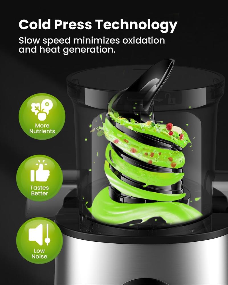 GDOR Cold Press Juicer with 5.3" Wide Feed Chute 150NM Powerful Motor Slow Masticating Extractor High Juice Yield Easy to Clean Fits Whole Fruits & Vegetables Black