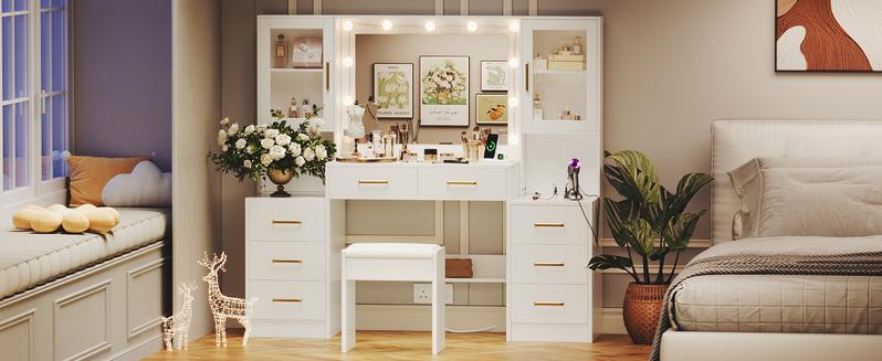 58.3”Vanity Desk with Mirror and Lights & Charging Station,Bedroom Dressing Table,Large Vanity Set,8 Drawers and 2 Cabinets,Makeup Vanity Table with Charging Station, Without Stool